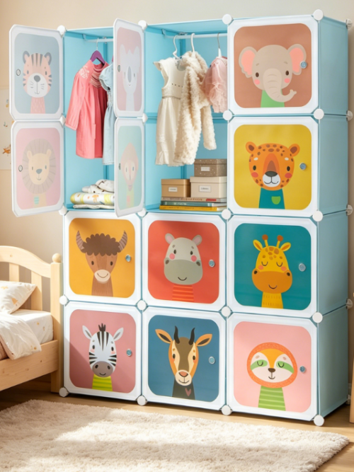 Kids Modular Wardrobe, Plastic Cabinet with 12 Cubes, Doors and Hangers, Blue