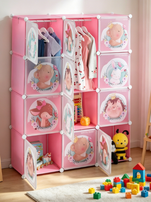 Plug-in Kids Shelving Unit, 2 Clothes Rods, Animal Doors, Pink, 145x110x37 cm